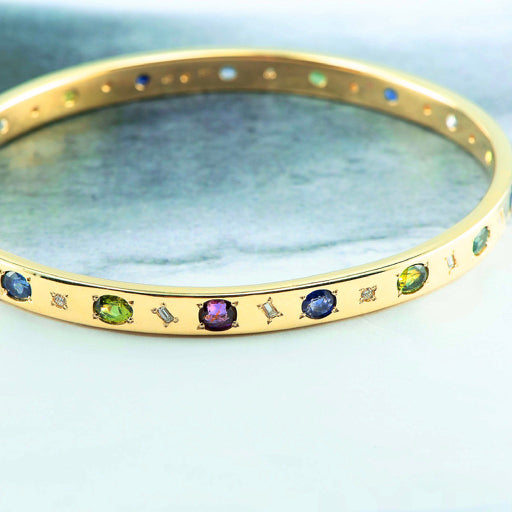 Multi colour gemstone and diamond gold bangle hand made in NZ