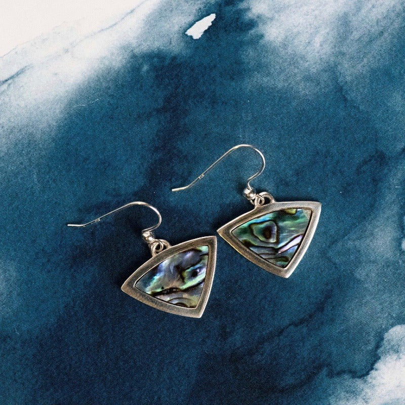 Trilliant Sterling Silver drop earrings with natural NZ Paua shell inlay