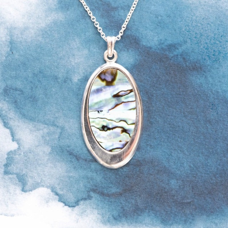Vertical medium oval Sterling silver pendant with natural NZ Paua shell inlay - Canterbury Jewellers Shop